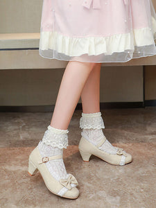 Sweet Lolita Footwear Pink Ruffles Bows Round Toe Suede Nap Lolita Shoes