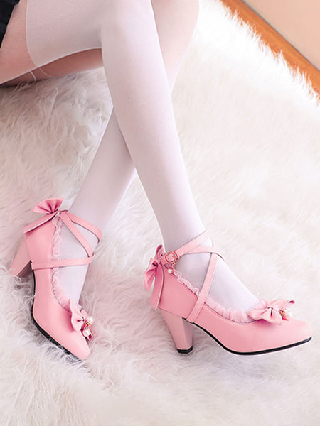 Sweet Lolita Footwear Pink Ruffles Bows PU Leather Prism Heel Lolita Shoes