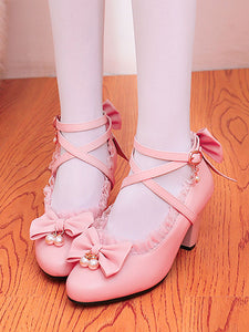 Sweet Lolita Footwear Pink Ruffles Bows PU Leather Prism Heel Lolita Shoes