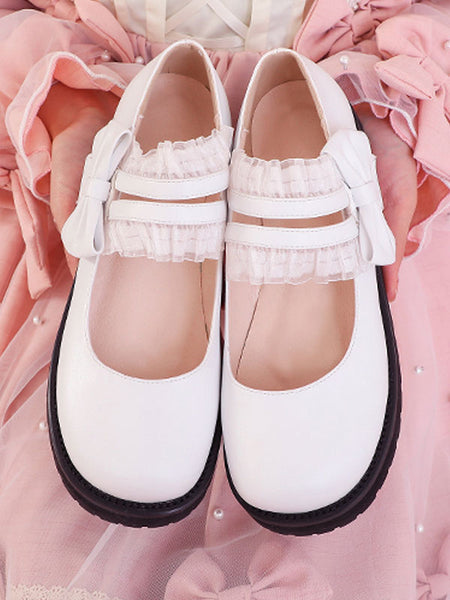 Sweet Lolita Footwear Black Ruffles Bows PU Leather Flat Lolita Shoes
