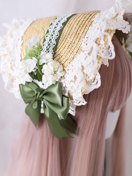 Sweet Lolita Bonnet Lace Bow Flowers Lolita Hat