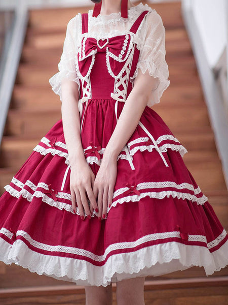 Sweet Lolita JSK Dress Bow Ruffles Lace Up Lolita Jumper Skirts