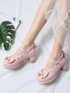 Sweet Lolita Pumps Pink Bows Lace Round Toe PU Leather Lolita Shoes