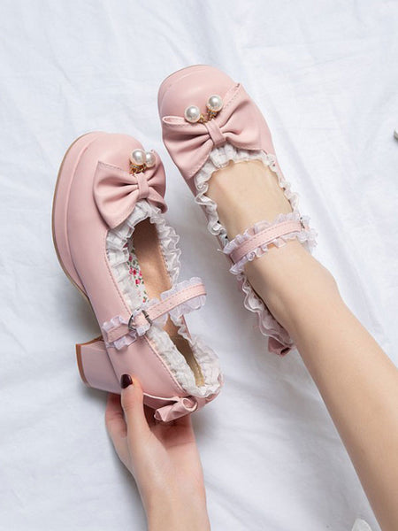 Sweet Lolita Pumps Pink Bows Lace Round Toe PU Leather Lolita Shoes