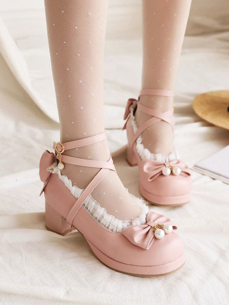 Sweet Lolita Footwear Bows Ruffles PU Leather Chunky Heel Lolita Pumps