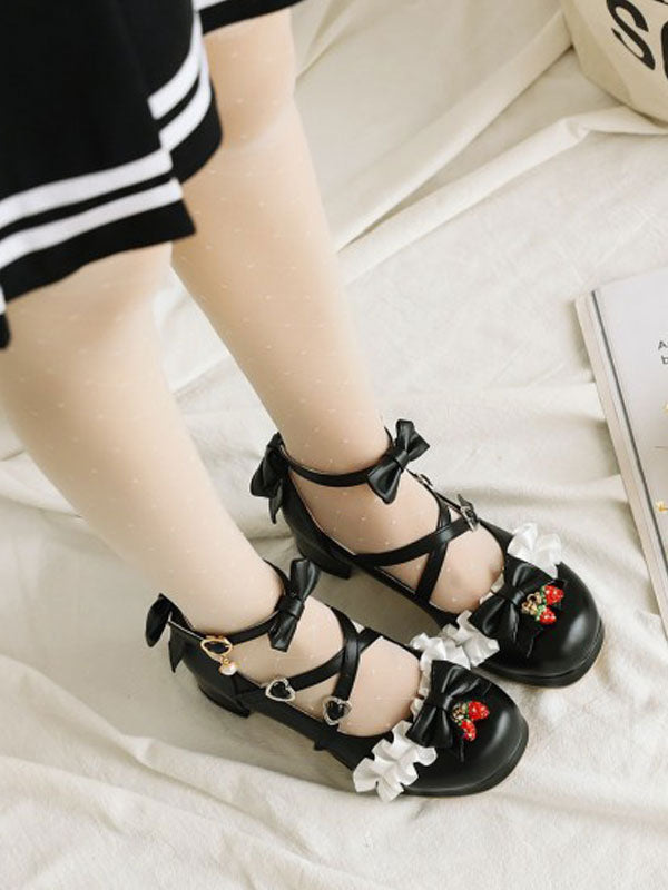 Sweet Lolita Footwear Bows Ruffles Strawberry Round Toe PU Leather Lolita Shoes