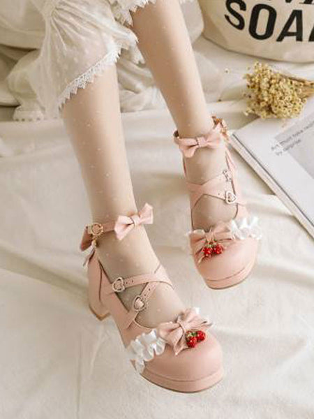Sweet Lolita Footwear Bows Ruffles Strawberry Round Toe PU Leather Lolita Shoes