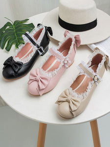 Sweet Lolita Footwear Bows Lace Round Toe PU Leather Lolita Pumps
