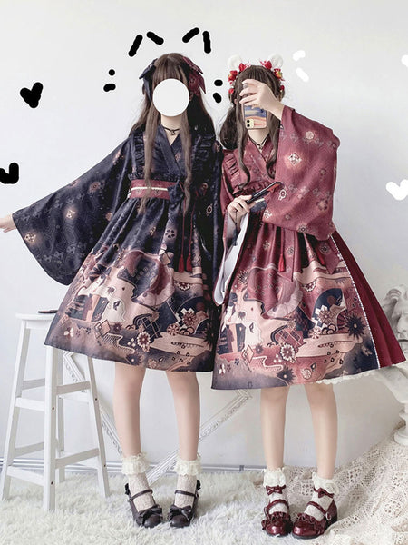 Kimono Lolita OP Dress Bows Long Sleeve Lolita One Piece Dresses