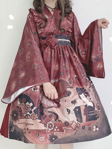 Kimono Lolita OP Dress Bows Long Sleeve Lolita One Piece Dresses