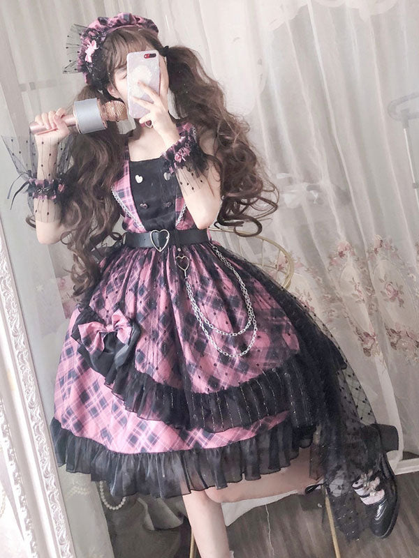 Pink Lolita JSK Dress Plaid Bows Ruffles Lolita Jumper Skirts