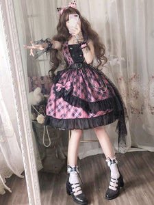 Pink Lolita JSK Dress Plaid Bows Ruffles Lolita Jumper Skirts