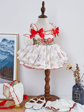 Kids Lolita Dress Floral Bows Tutu Dress 3 Piece Set