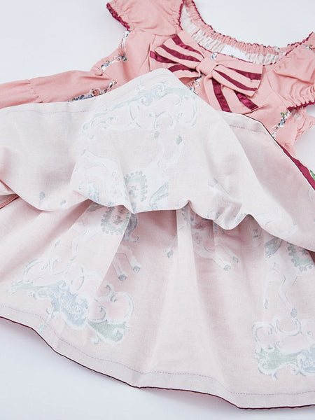 Kids Lolita Dress Pink Bow Pony Print Short Sleeve Tutu Dress
