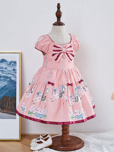 Kids Lolita Dress Pink Bow Pony Print Short Sleeve Tutu Dress