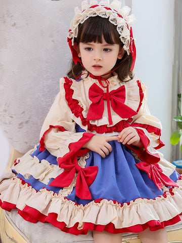 Children's Sweet Lolita Dress Headwear White Ruffles Polyester Long Sleeve Red Bow Kids One Piece Dress