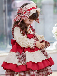 Children's Sweet Lolita Dress Headwear Red Bow Strawberry Button Ruffles Polyester Long Sleeve Kids One Piece Dress
