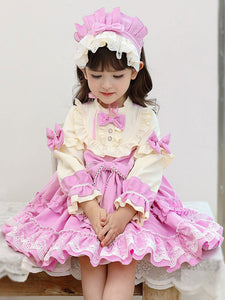Children's Sweet Lolita Dress Headwear Pink Lace Bows Polyester Long Sleeve Kids One Piece Dress