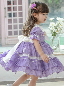 Children's Sweet Lolita Dress Violet Blue Bows Polyester Short Sleeve Kids Princess One Piece Dress