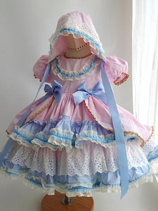 Children's Sweet Lolita Dress Headwear Pink Short Sleeve Blue Bow Ruffles Polyester Kids Princess One Piece Dress