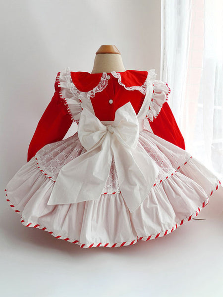Children's Sweet Lolita Dress Red Polyester Long Sleeve Kids One Piece Dress