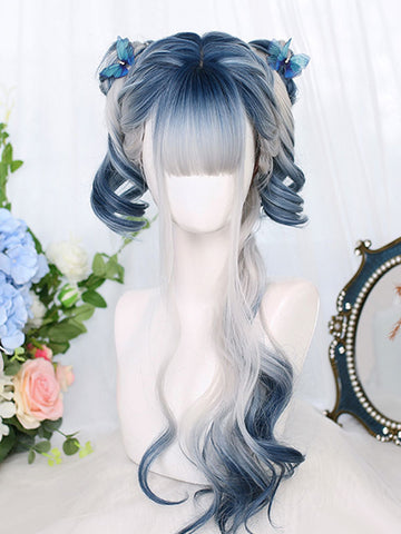 Harajuku Fashion Lolita Wigs Blue Long Heat-resistant Fiber Highlighting Hair Lolita Accessories