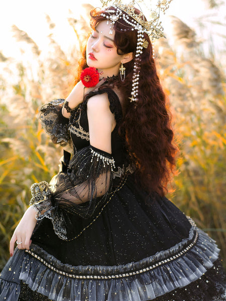 Sweet Lolita JSK Dress Lace Up Bows Tulle Polyester Black Lolita Jumper Skirts