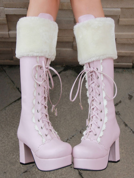 Sweet Lolita Boots Pink Faux Fur Lace Up Chunky Heel Boots