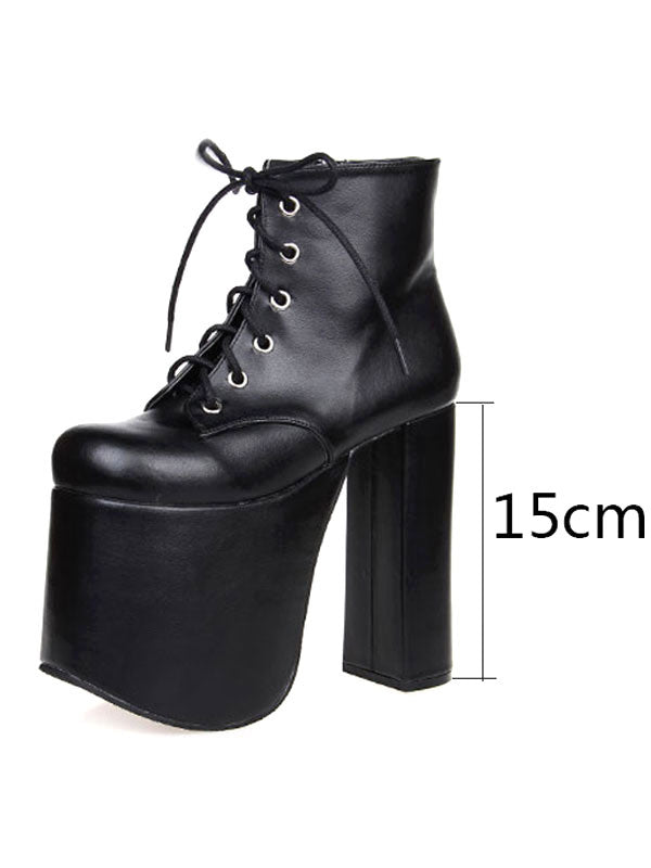 Black Lolita Booties Chunky Heel Platform Round Toe Lace Up Lolita Short Boots