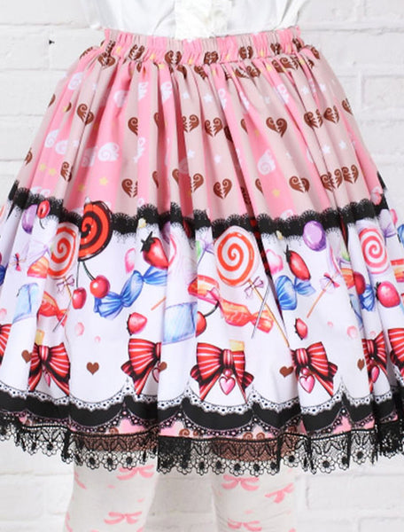 Sweet Pink Lolita Short Skirt Polyester Candy Print Lace Trim