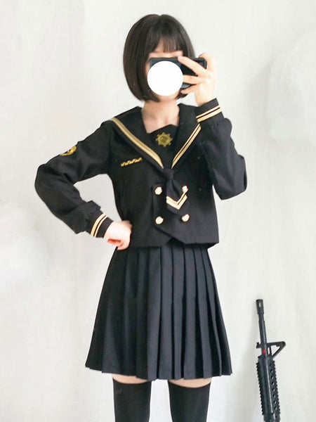 Sailor Style Lolita Outfit Musketeer Black Button Long Sleeve Top With Pleated Skirt
