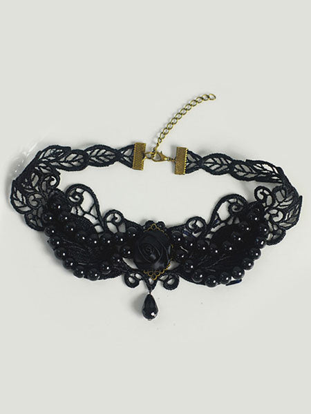 Classic Lolita Necklace Lace Beading Flower Black Lolita Choker