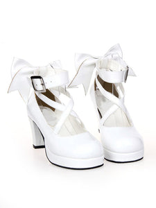 White Chunky High Heels Lolita Shoes Ankle Strap Bow Decor