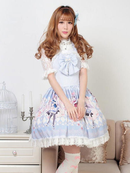 Classic Lolita JSK Dress Light Sky Blue Pearls Bows Lolita Jumper Skirts