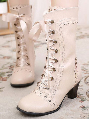 Classic Lolita Boots Round Toe Prism Heel Lace Up Champagne Lolita Winter Boots