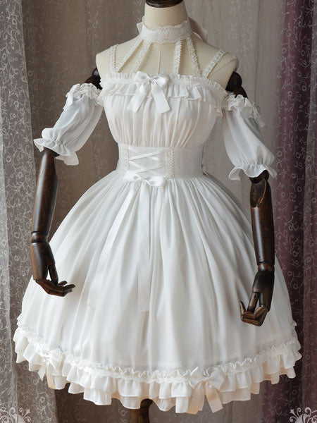 Gothic Lolita OP One Piece Dress Magic Tea Party Ruffles Bows Printed Chiffon Short Sleeve Black Lolita Dresses