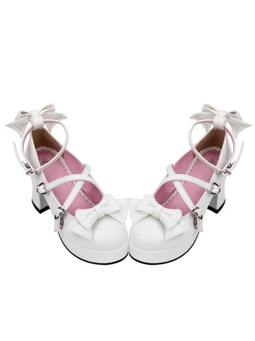 Sweet Lolita Shoes White Bow Cross Front Ankle Strap Chunky Heel Lolita Pumps