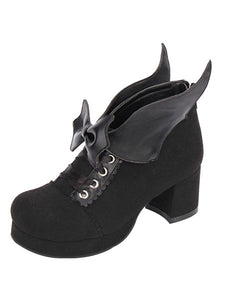 Gothic Lolita Shoes Round Toe Chunky Heel Suede Leather Bows Black Lolita Pumps