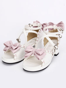 Sweet White Lolita Sandals Square Heels Ankle Straps Pink Bows