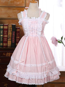 Sweet Lolita JSK Jumper Skirt Lace Trim Ruffles Frills Two Tone Pleated Pink Lolita Dresses