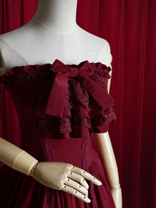 Burgundy Lolita Dress Bow Strapless Lace Up Cotton Dress