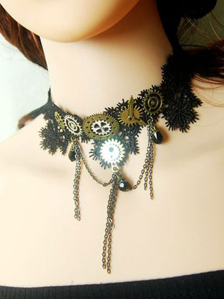 Steampunk Lolita Choker Lace Metal Details Bronze Lolita Necklace