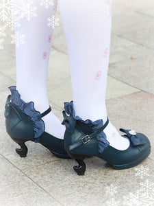 Classic Lolita Pumps Bow Strappy Ruffle PU Deep Blue Lolita Footwear