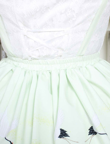 Sweet Lolita Dress In Light Green Printed Qi Lolita Suspender Skirt With White Lace Trim