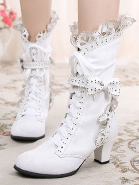 Rococo Lolita Ankle Boots Round Toe Prism Heel Lace Up Bows White Lolita Winter Booties