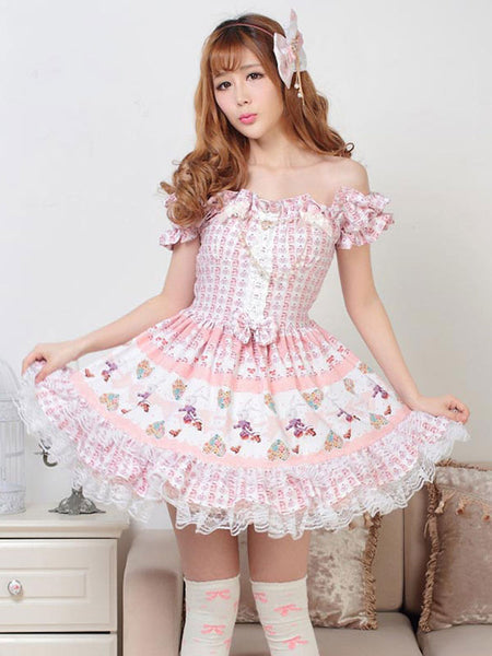 Classic Lolita OP Dress Printed Pink Lace Bows Lolita One Piece Dresses