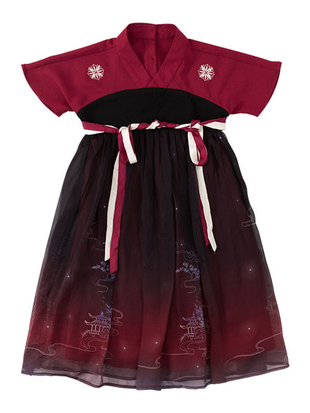 Chinese Style Lolita Dress OP Ombre Pleated Burgundy Children Lolita OP Dress