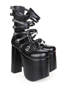 Gothic Black Lolita Sandals High Chunky Heels High Plarform Ankle Straps Buckles
