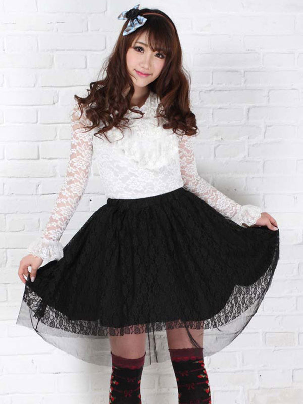 Classic Lolita SK Lace Ruffle Pleated Black Lolita Skirt