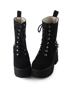 Black Velvet Lolita Boots Square Hees Rivet Design
